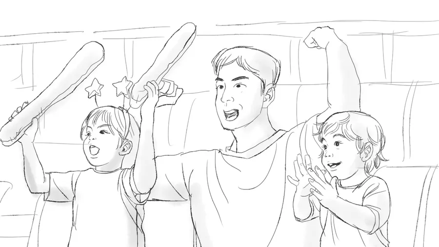 A man and two children with baseball bats raised.