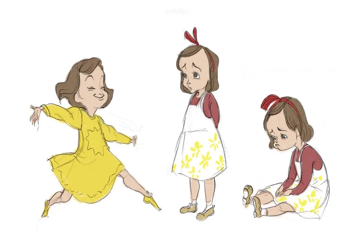 Three drawings of the same girl: skipping with eyes squeezed shut in a yellow dress, standing with a worried open mouth in a white pinafore, and sitting on the ground pulling on a yellow shoe.