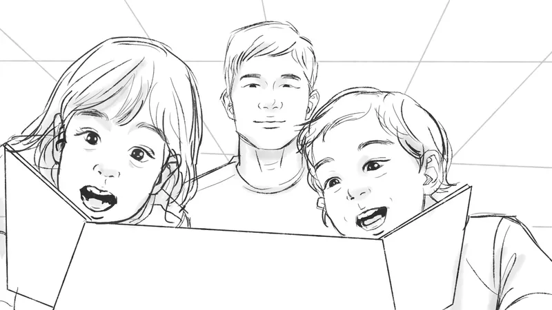 Pencil storyboard frame: three faces behind an open book, an amazed girl, a smiling man and a laughing boy.