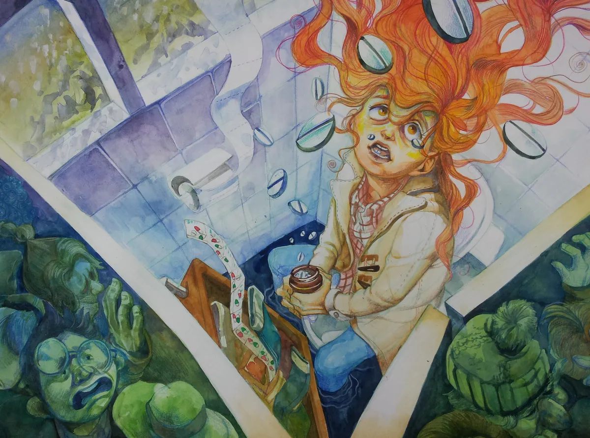 Watercolour: a red-haired girl in a bathroom holding a cup, surrounded by green creatures, in a tilted V-shaped composition.