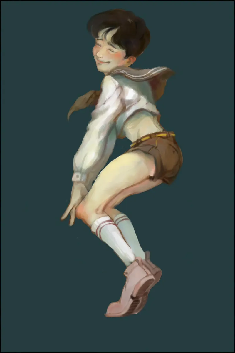 Digital painting: a boy in a sailor collar and shorts, mid-step, on a teal ground.