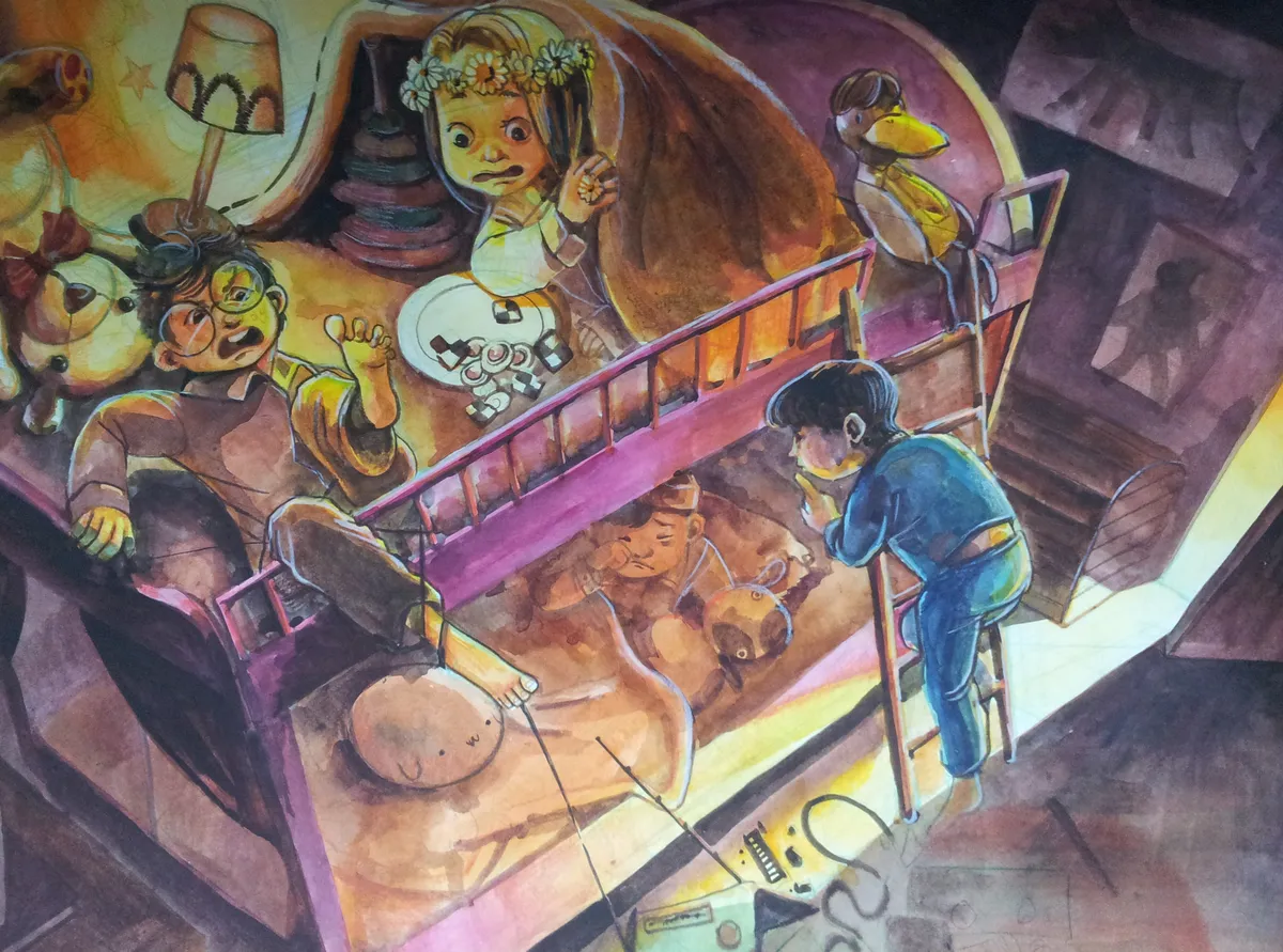 Watercolour: a child climbs toward a bunk bed in a cluttered room full of toys, seen from a low angle.