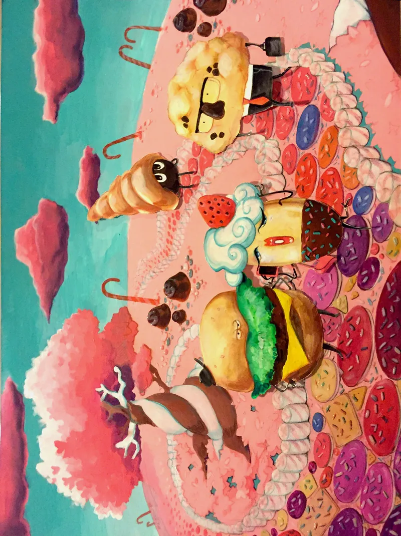 Painted vertical scene with pastries and sweets as creatures in a pink candy world.