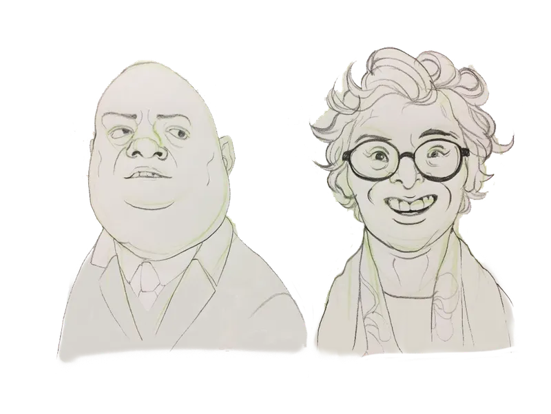 Pencil: a heavy bald man with an underbite beside a laughing woman in round glasses.