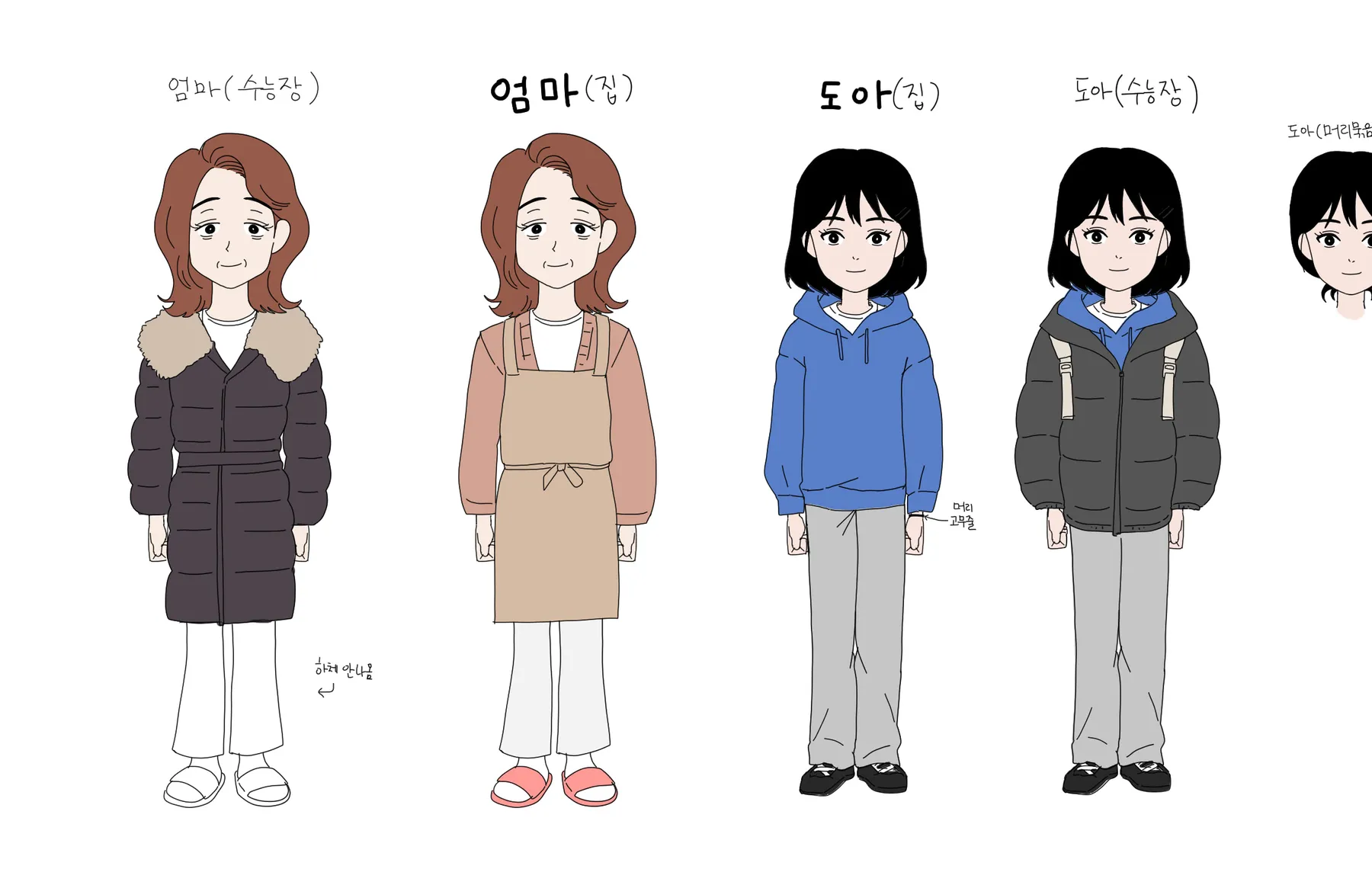 Two-character model sheet: a mother in a padded coat and in an apron, a daughter in a blue hoodie and in a grey puffer, plus a hair-tie detail.