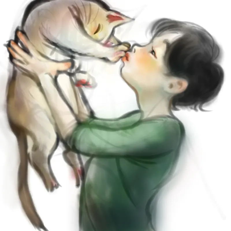 Digital painting: a child lifts a cat up to their face, nose to nose.