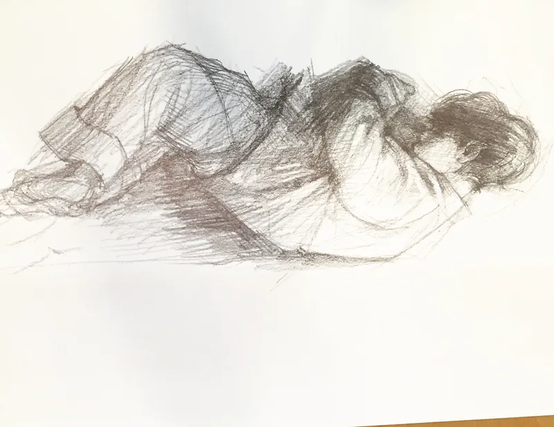 Sanguine pencil: a figure collapsed face-down, hair spread on the floor.