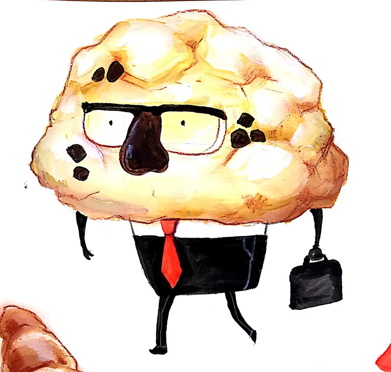Painted character: a chocolate-chip cookie in glasses, a black suit and a red tie, carrying a briefcase.