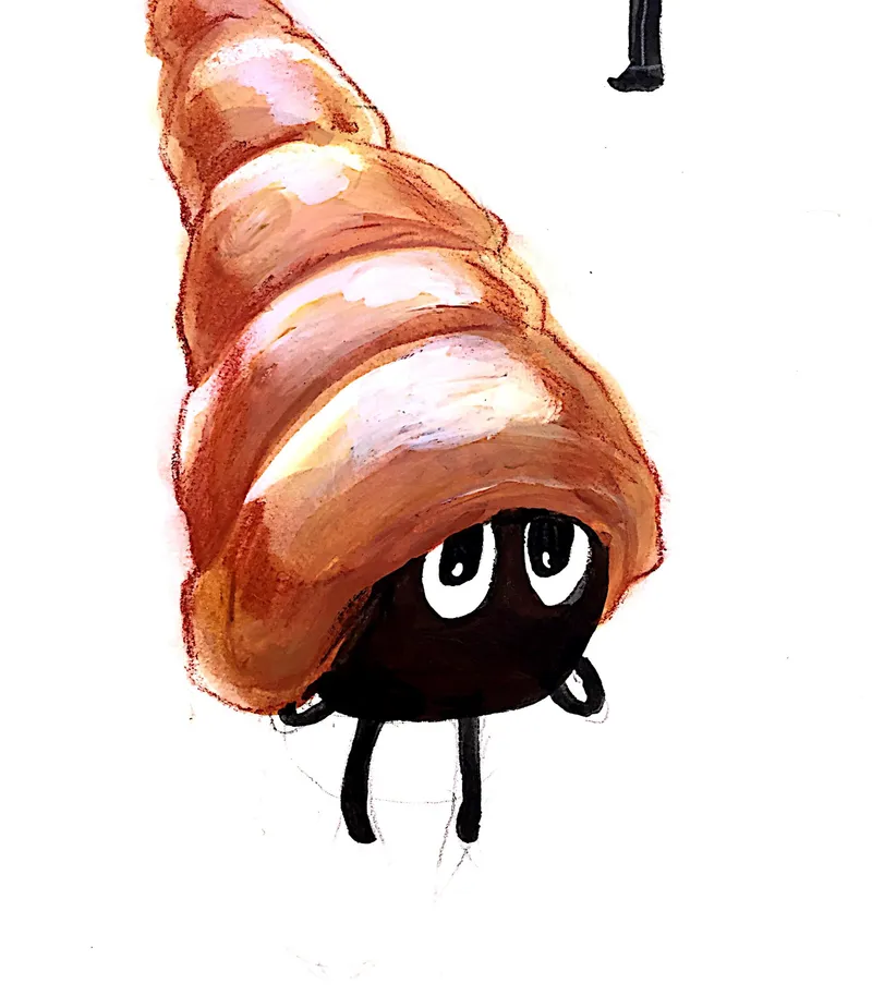 Painted character: a croissant shaped like a shell with small legs and round eyes.