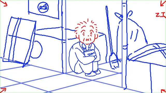 Closer: an old woman crouched, hugging a paper bag. Z.I.
