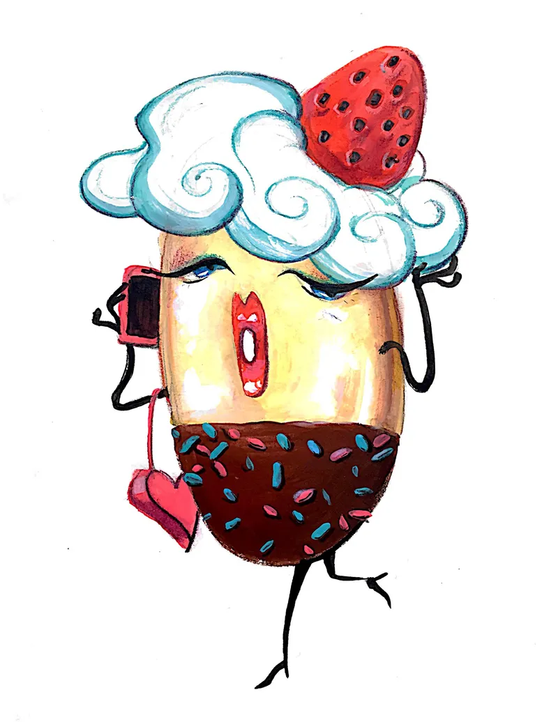 Painted character: an eclair with cream hair and a strawberry, holding a camera and a heart-shaped bag.