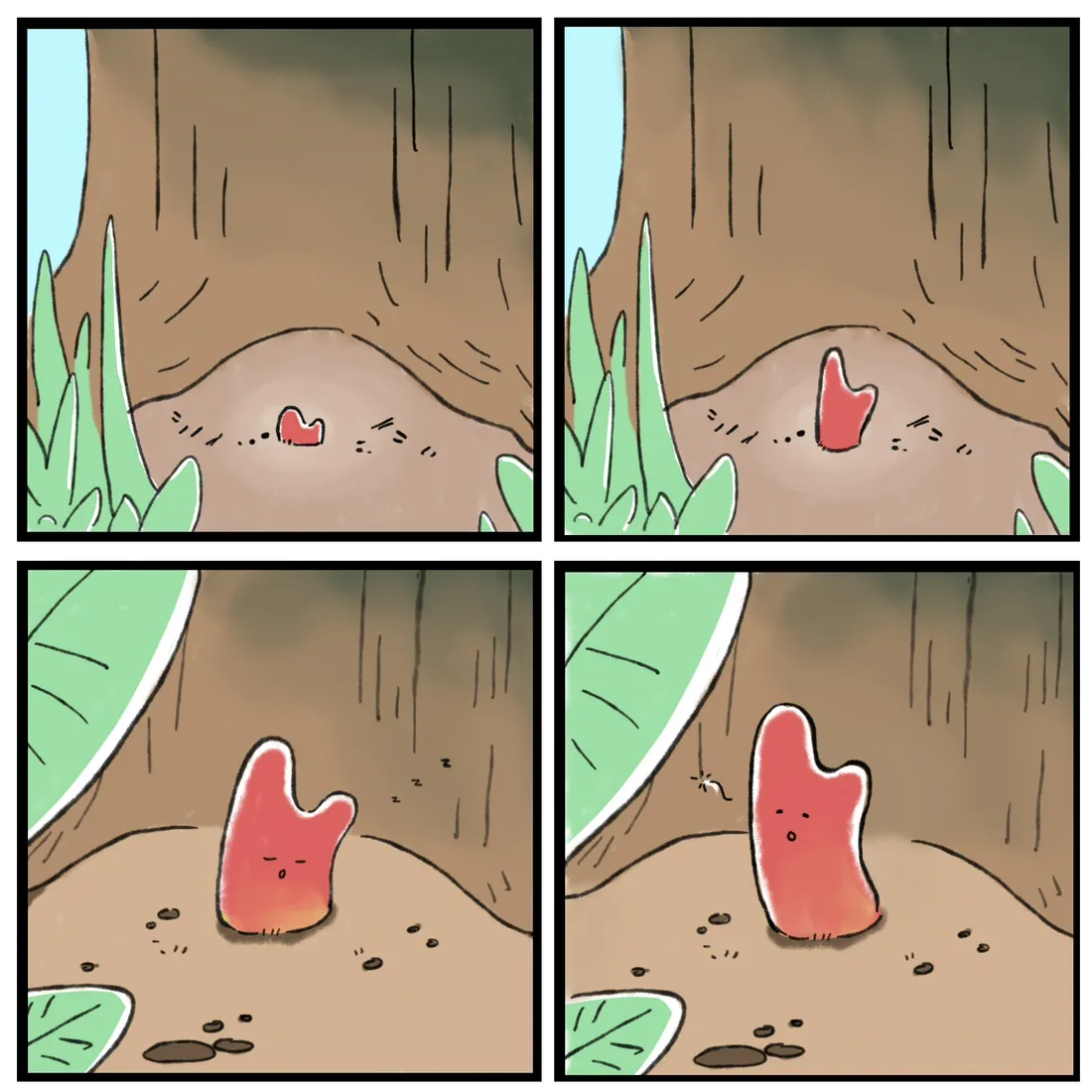 Four panels: a tiny red shoot pushes out of the ground beneath a tree and straightens up, looking around.