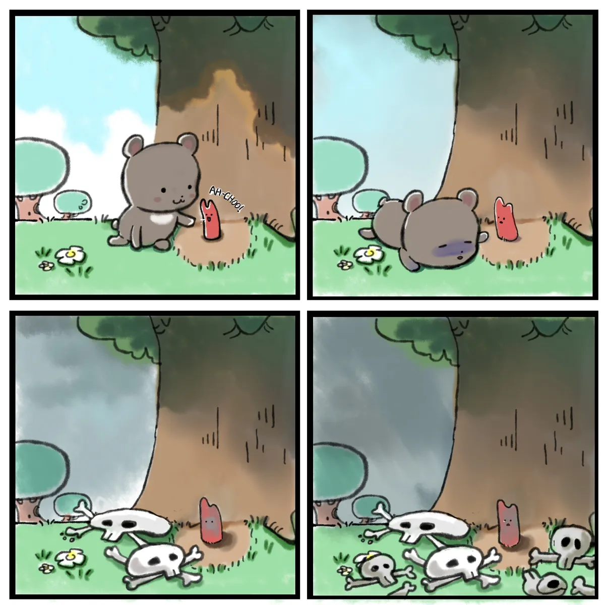 Four-panel comic page: a red sprout stands beside a brown bear in a sunny forest. The sky darkens and the grass fills with skulls while the sprout stands unchanged.