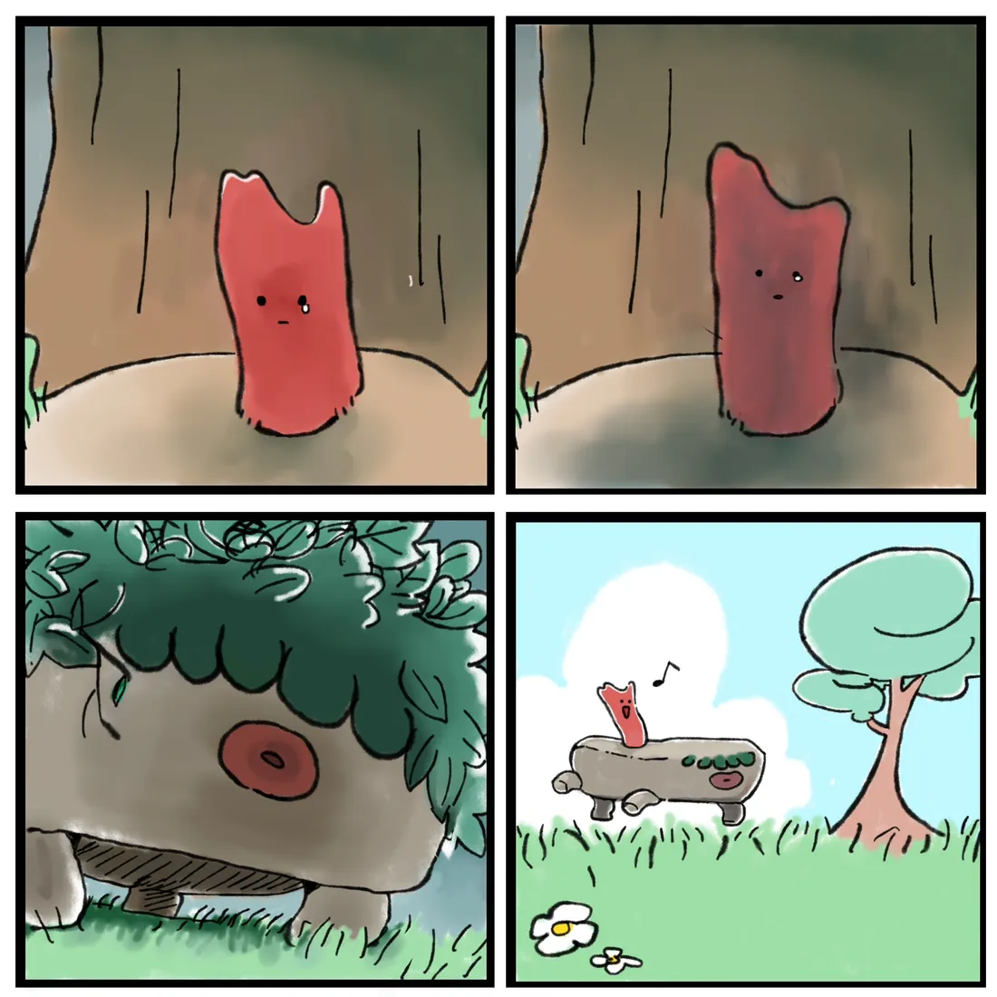 Four panels: the sprout notices a mossy stone with flowers on its back walking by on short legs, and the stone stops.