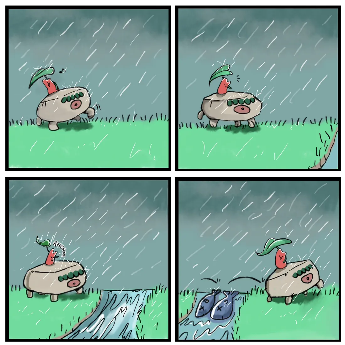Four panels in rain: the stone shelters the sprout, water pools, and small fish appear in the puddle.