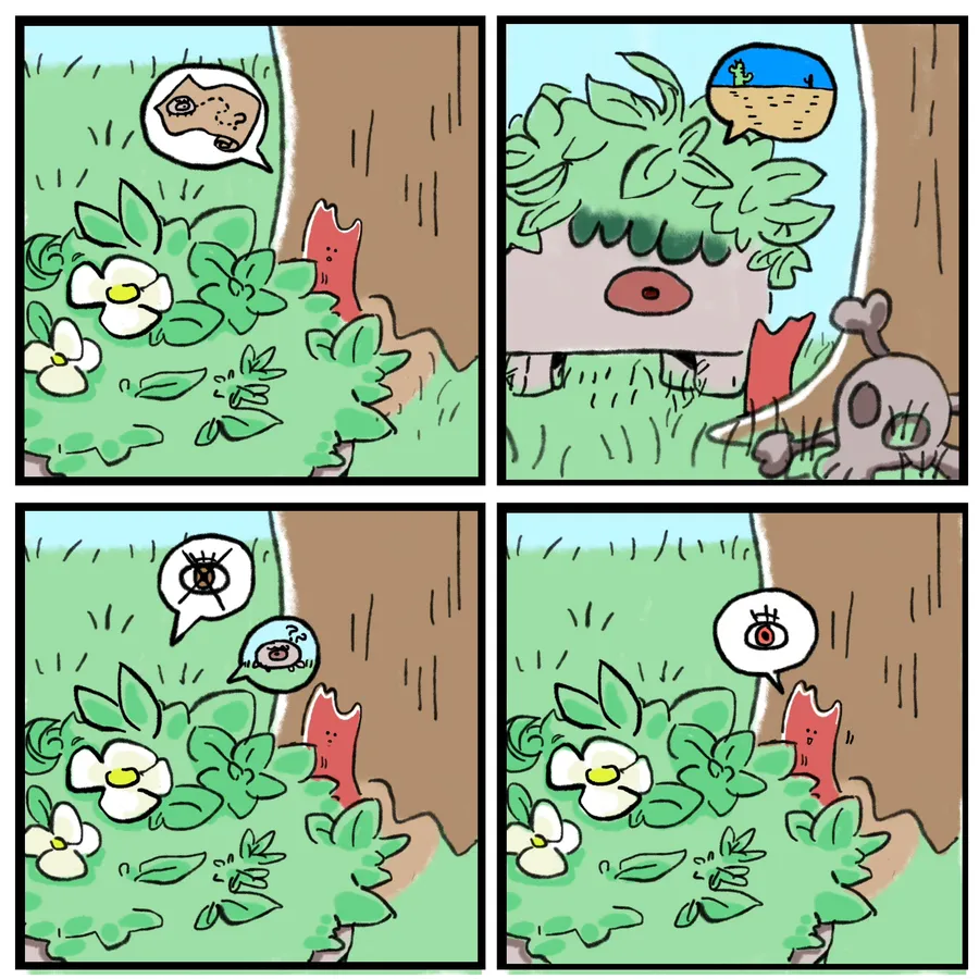 Sprout & Stone: four panels of a conversation in picture balloons