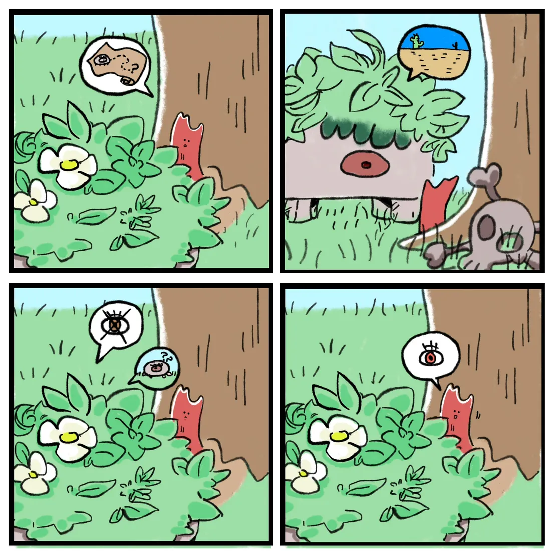 Four panels: the sprout and stone talk in picture balloons showing a map, a view and a face. The sprout imagines riding on the stone's back.