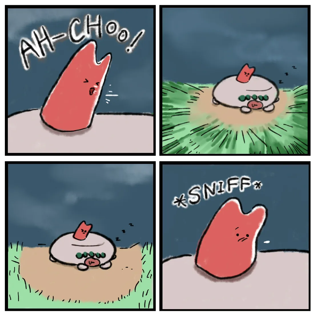 Four panels: the sprout sneezes with a drawn 'AH-CHOO', a gust strips the stone's garden, and the sprout sniffs guiltily in the dark.