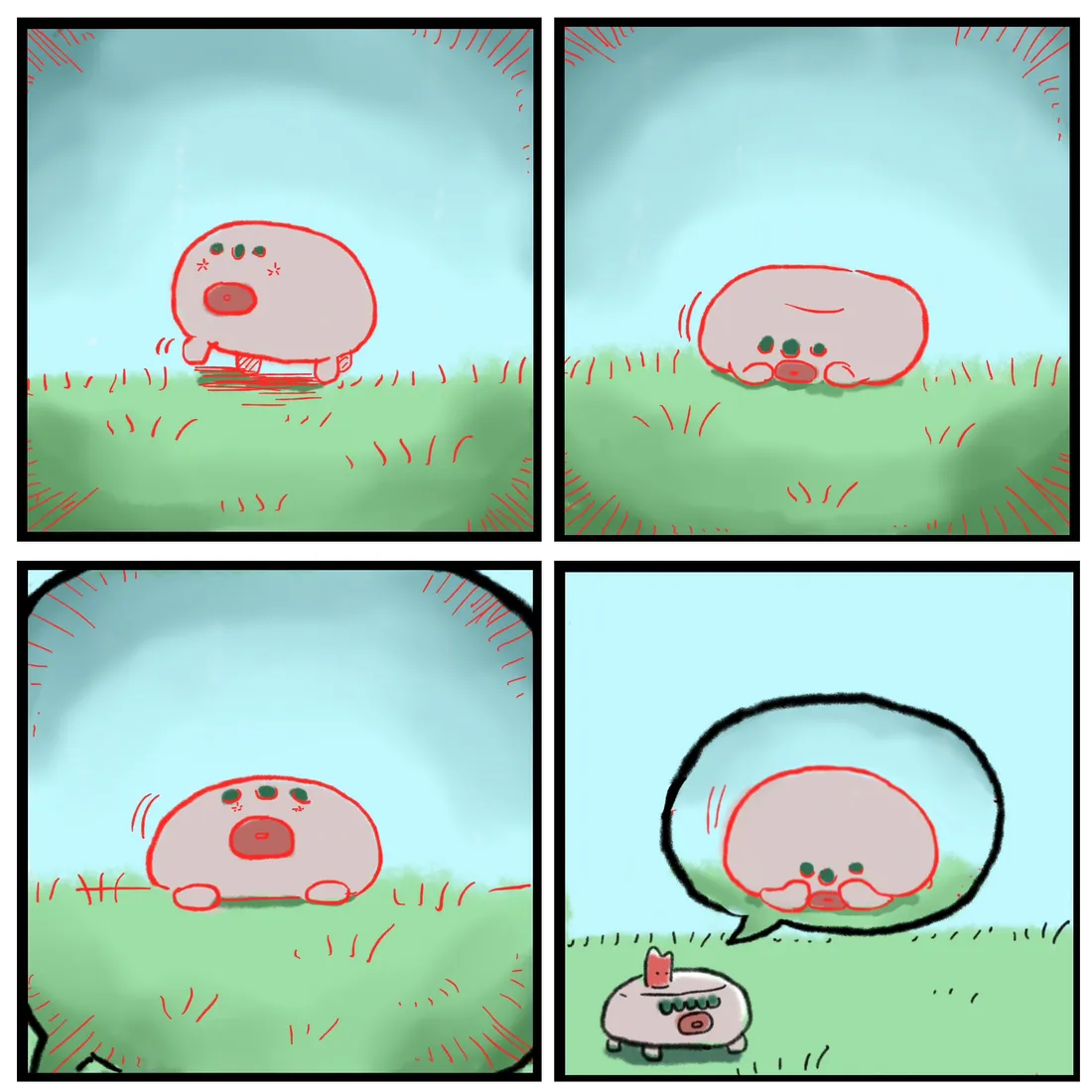 Four panels: the sprout squeezes its eyes shut and opens them again. The stone appears in a thought balloon.