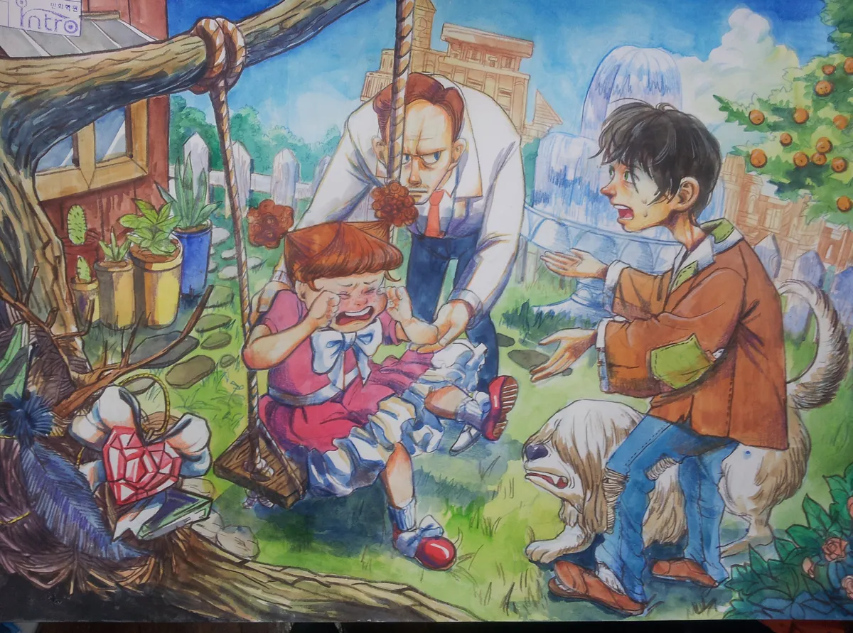 Watercolour: in a garden a man in white kneels toward a crying child while a boy in a brown jacket watches.