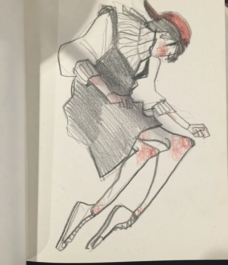 Coloured pencil: a girl in a red cap and a dark dress caught mid-fall.