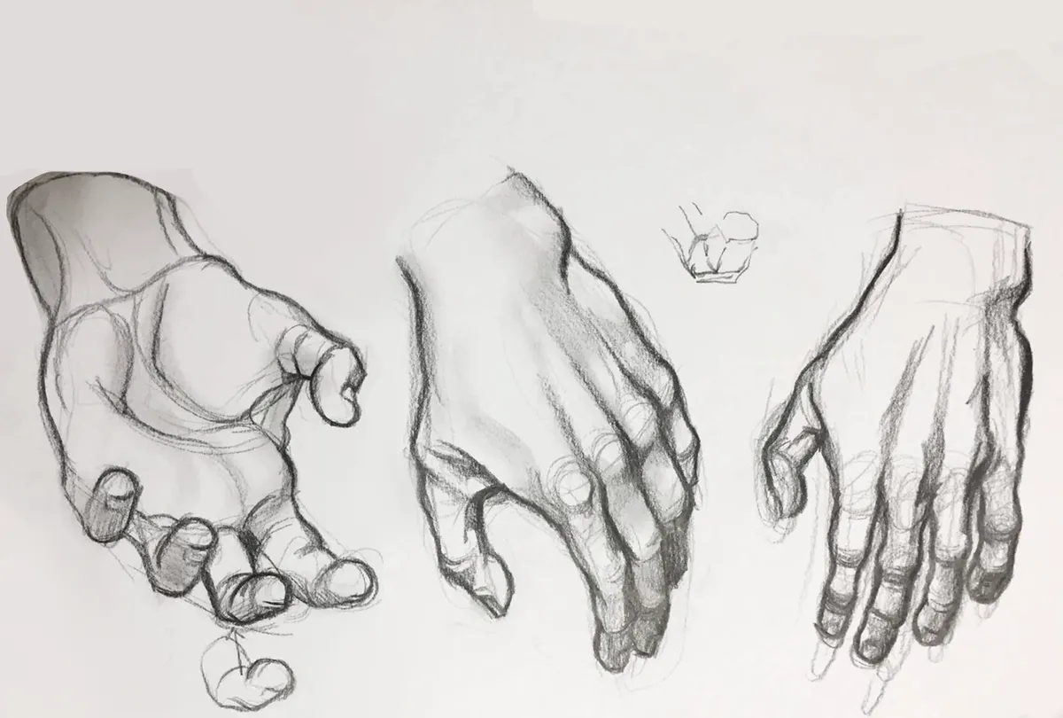 Pencil: three studies of a hand in different positions.