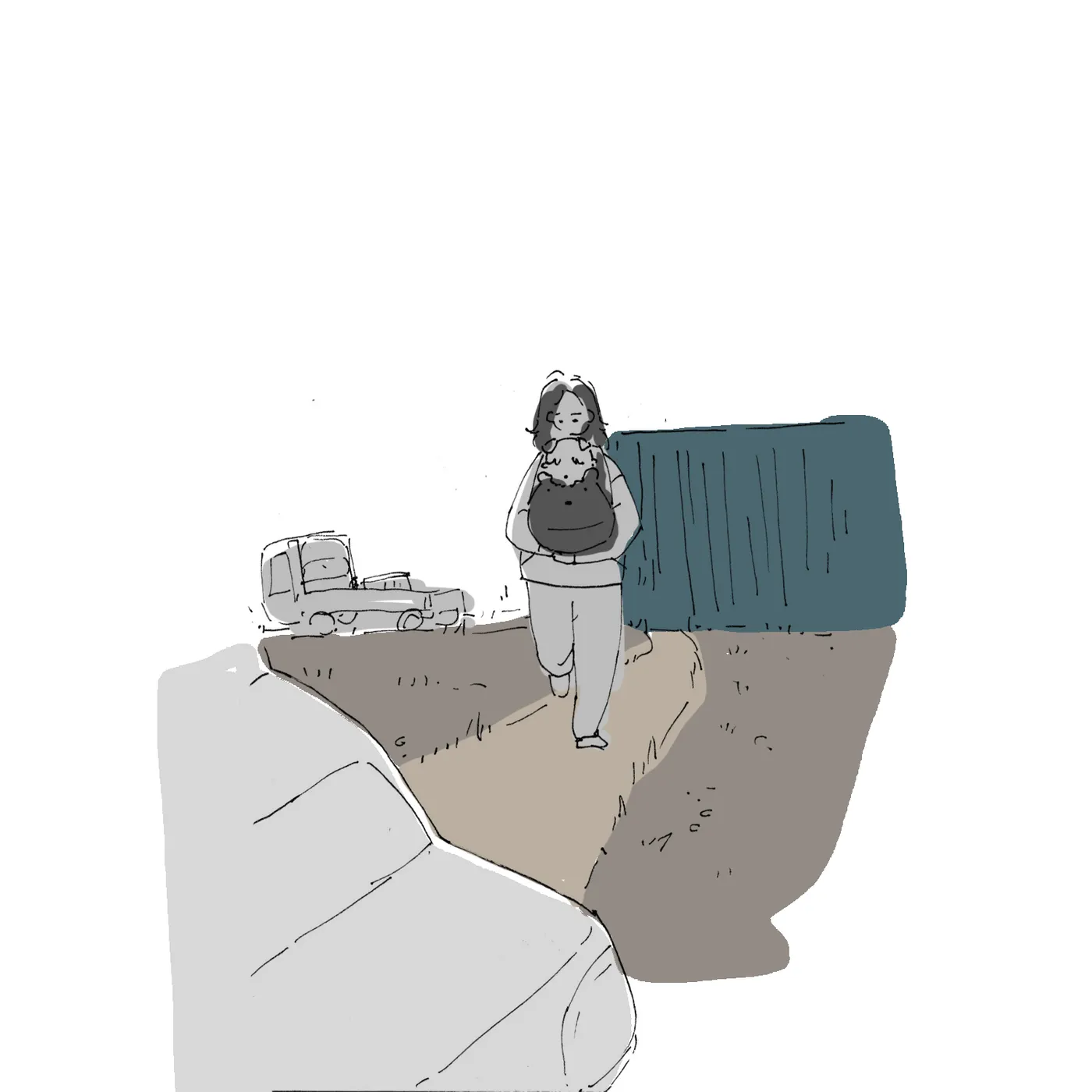 넓게 잡은 컷, 여자가 파란 컨테이너에서 흙길을 따라 걸어 나오고 트럭이 서 있으며 앞쪽에 택시 보닛이 보인다.