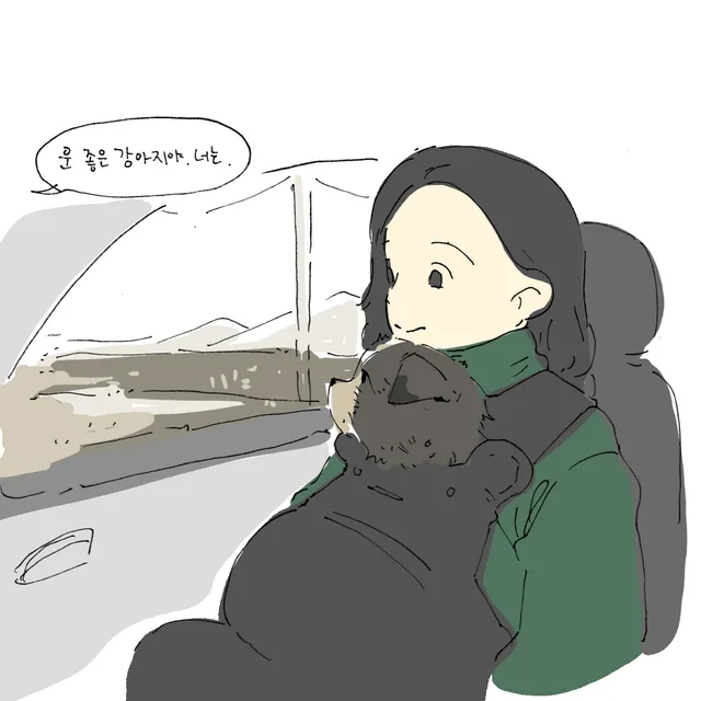 여자가 창밖을 보고 개는 유리에 코를 대고 있으며 바깥 풍경이 흐르듯 지나간다.