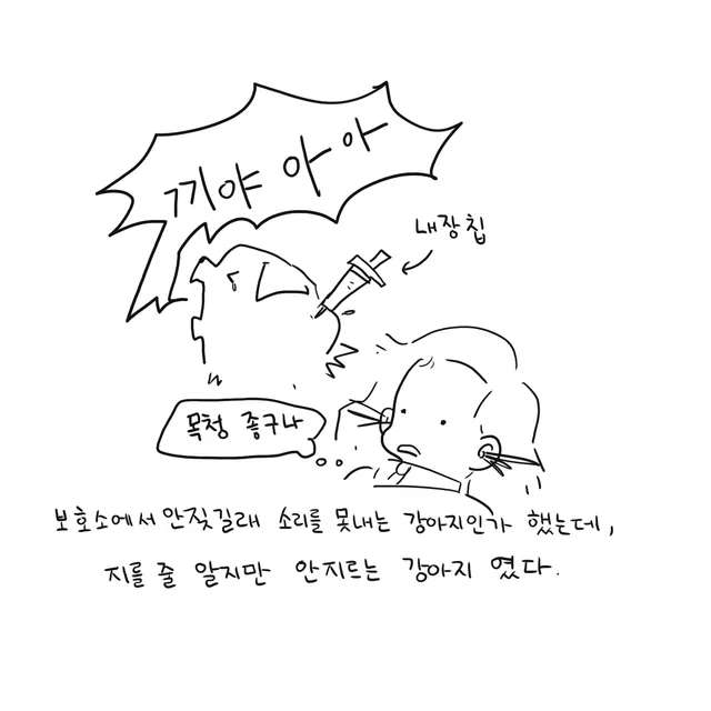 주사기 위로 거대한 뾰족 말풍선이 있고 '내장칩'이라고 적혀 있다. 옆에서 여자의 머리가 뒤로 날린다.