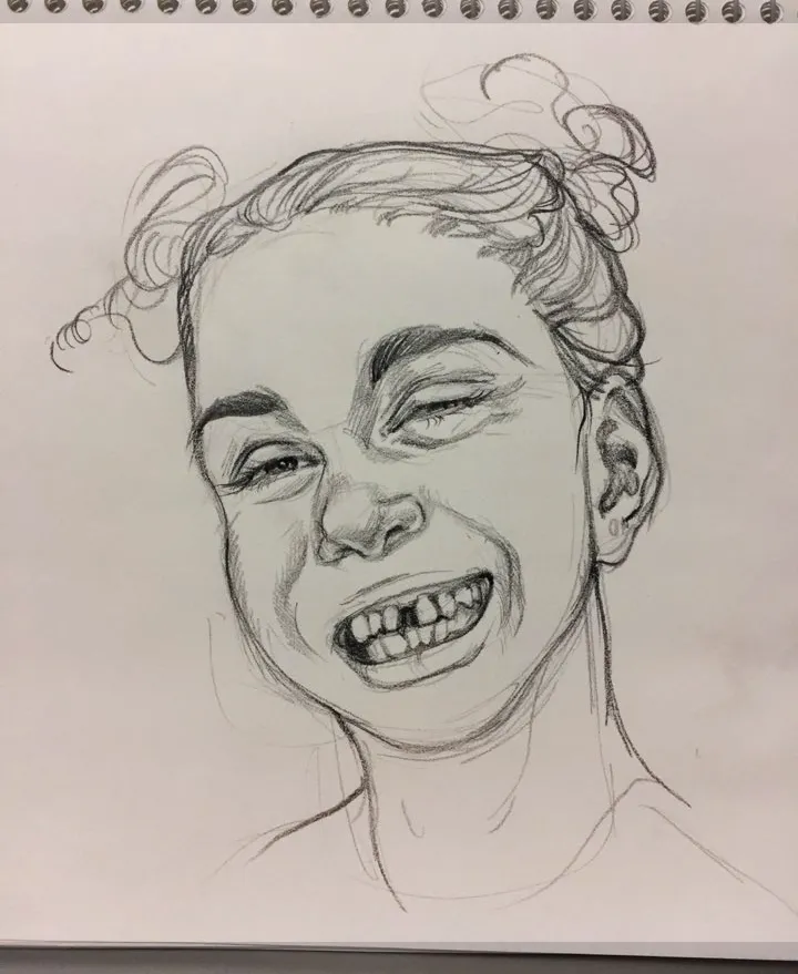Pencil: a girl laughing with teeth bared and eyes squeezed shut.