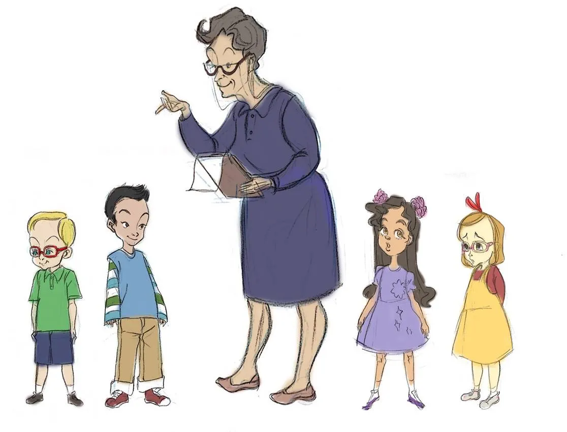 Character lineup: an elderly teacher with an open book pointing a pencil at four children of different heights, drawn in colour pencil and digital paint on white.