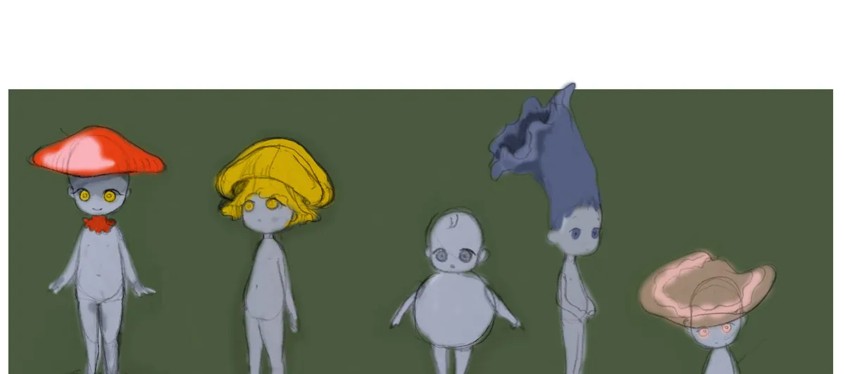 Rough digital sketch: five grey humanoid figures each wearing a different mushroom as a cap: red fly agaric, yellow, round puffball, tall blue-grey, pink bracket.