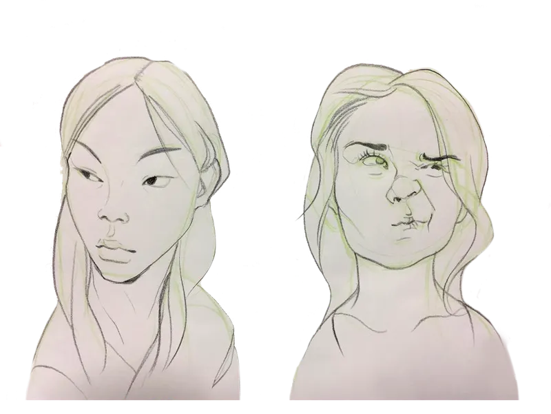 Pencil with green construction lines: the same young woman's face, neutral on the left and pushed into disgust on the right.