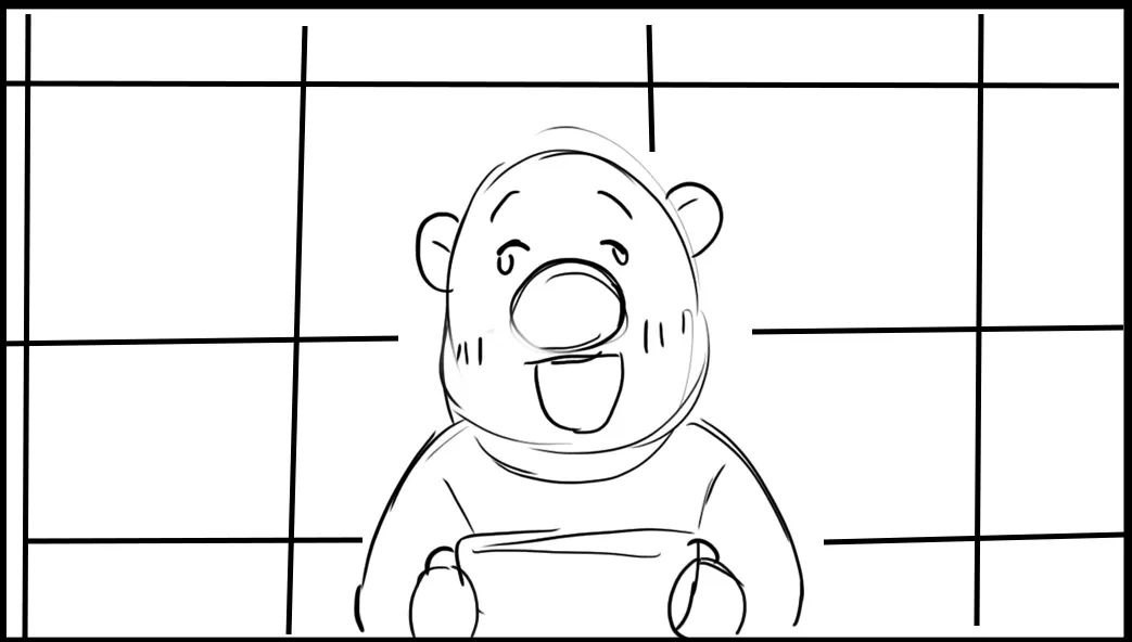 A bear character holds a bowl and beams.