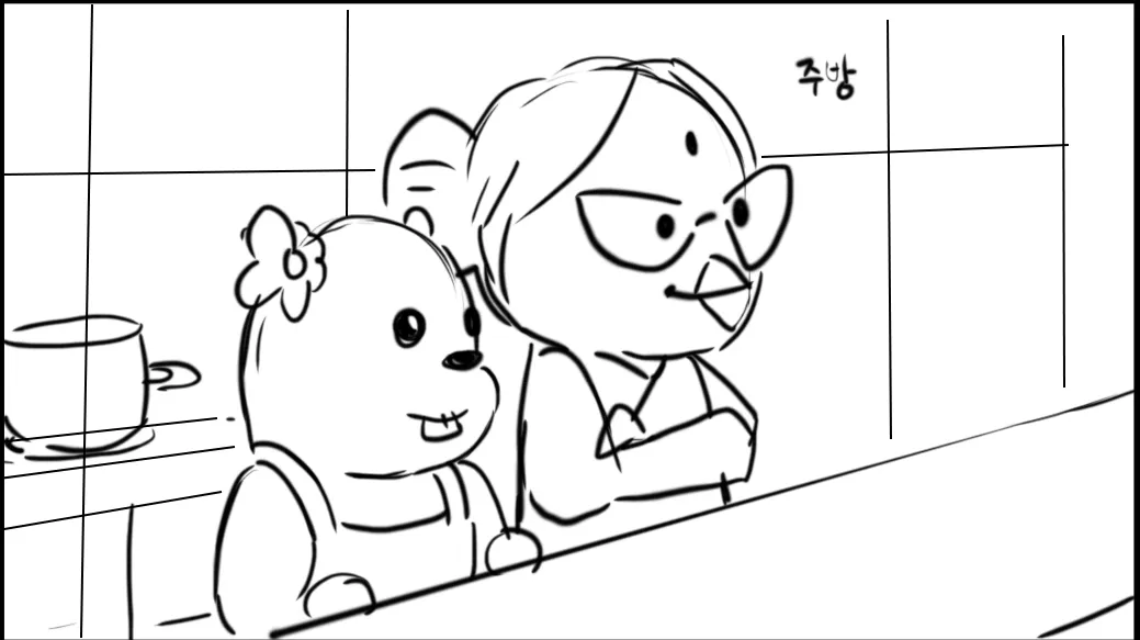 Loopy and the grandmother peek from the kitchen pass.