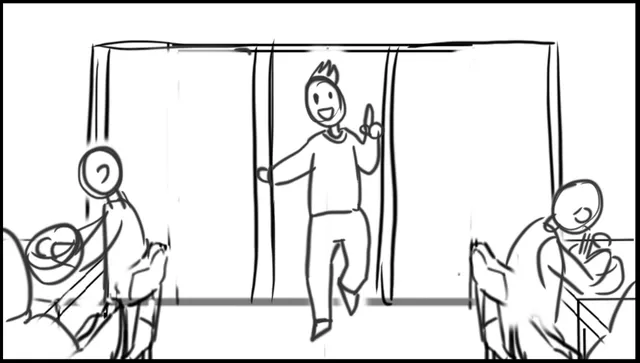 A customer bursts through the doors, arms up.