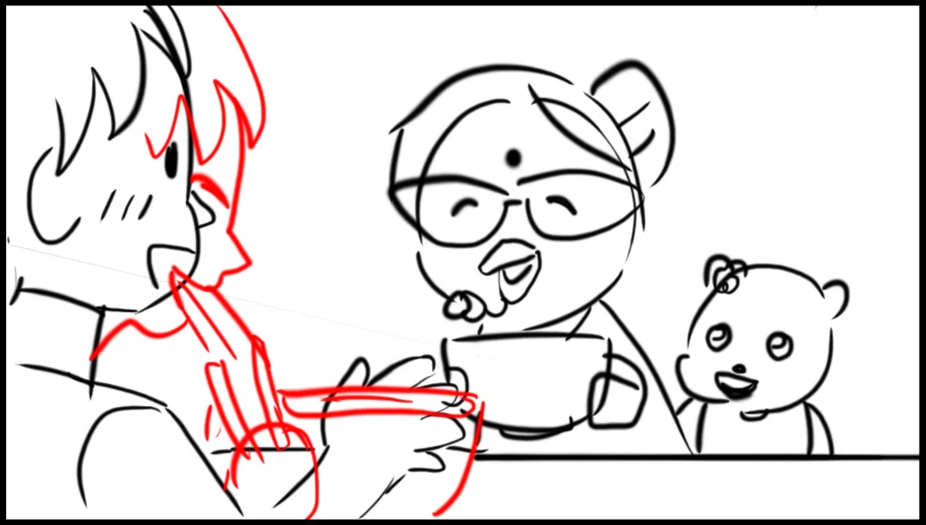 A customer eats beside the grandmother and Loopy. Red revision marks.