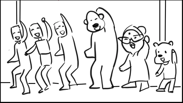 A line of characters dance with arms raised.