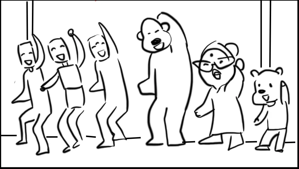 A line of characters dance with arms raised.