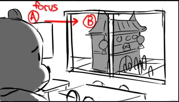 Rough line thumbnail of a restaurant interior with a character at the counter.
