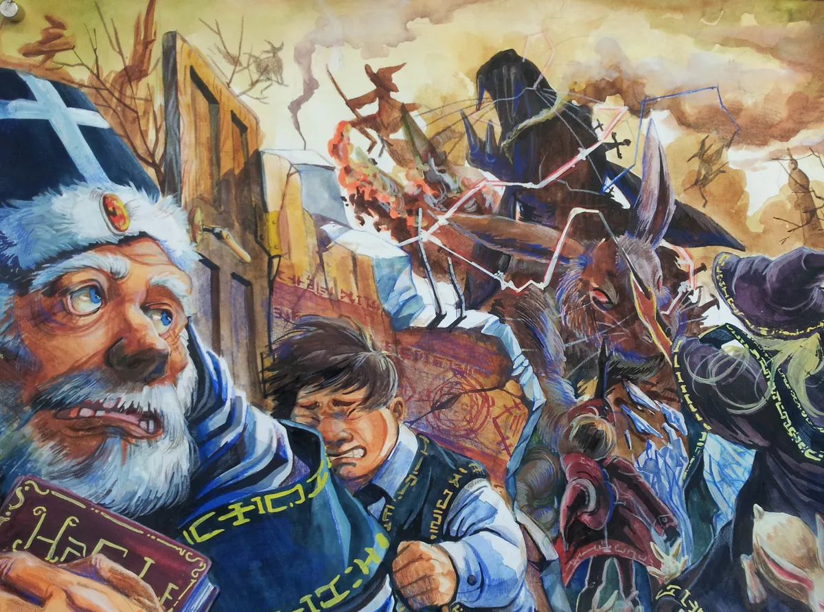 Watercolour: a bearded old man in a blue cap and a boy with a book, startled, as dark figures and bats fly in from the right.