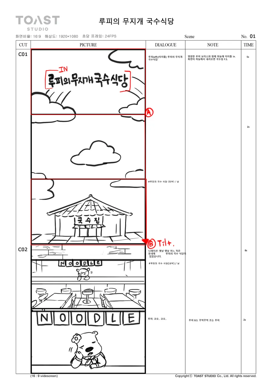 Board page: a hand-lettered title card for the musical, then the noodle shop seen from the street with its sign and a character at the counter.