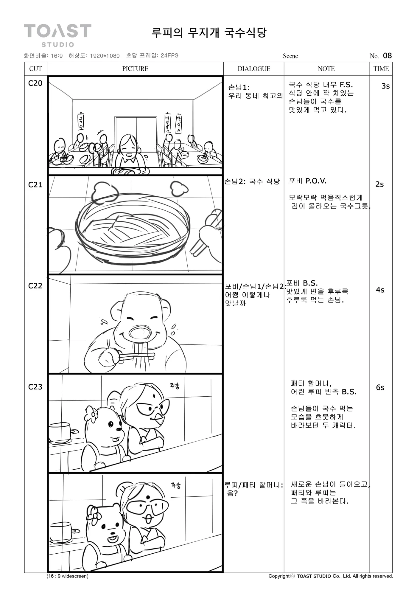 Board page: a wide of the dining room with customers at the tables, then a bowl of noodles seen from directly above, then reactions.