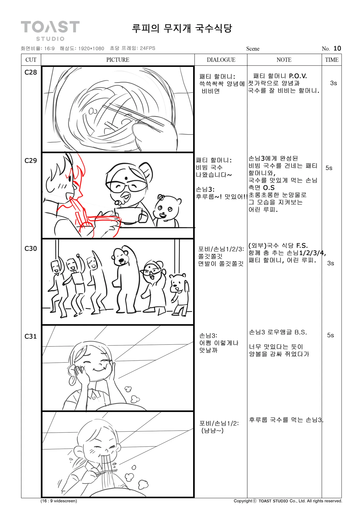 Board page: a bowl of noodles drawn as a swirl that fills the whole frame, a cook surrounded by red strokes, a line of small customers.