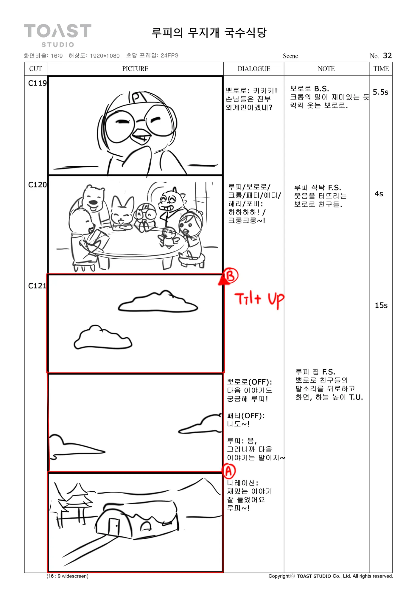 Board page: a close-up of Pororo laughing, the friends around one table, then a tilt up to two clouds and a last wide of the house in the snow.