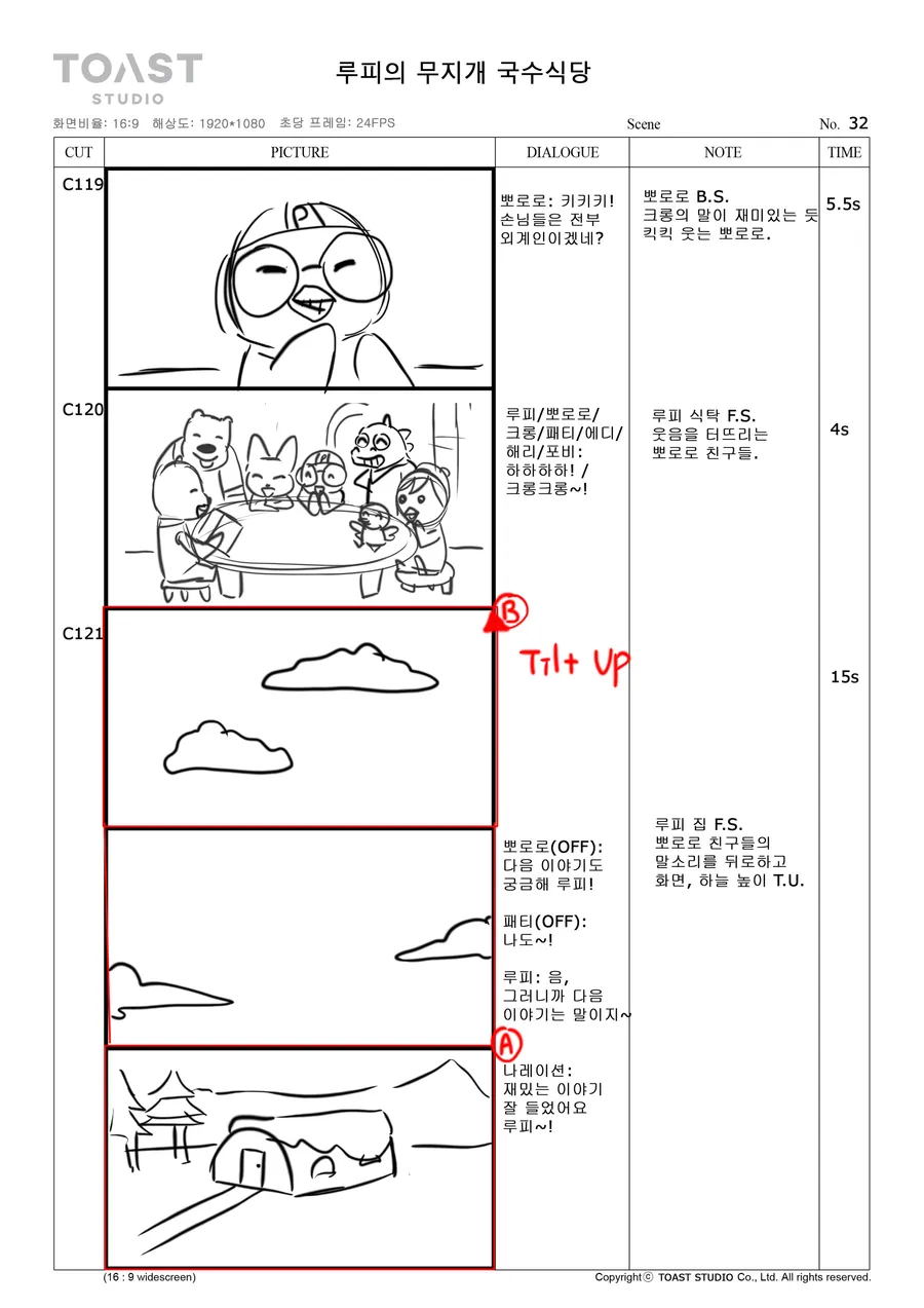 Board page: a close-up of Pororo laughing, the friends around one table, then a tilt up to two clouds and a last wide of the house in the snow.