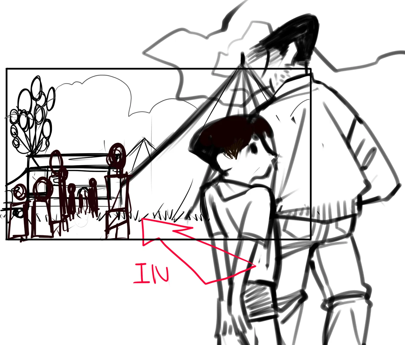 Closer: the pair from behind, the tent ahead, IN arrow.