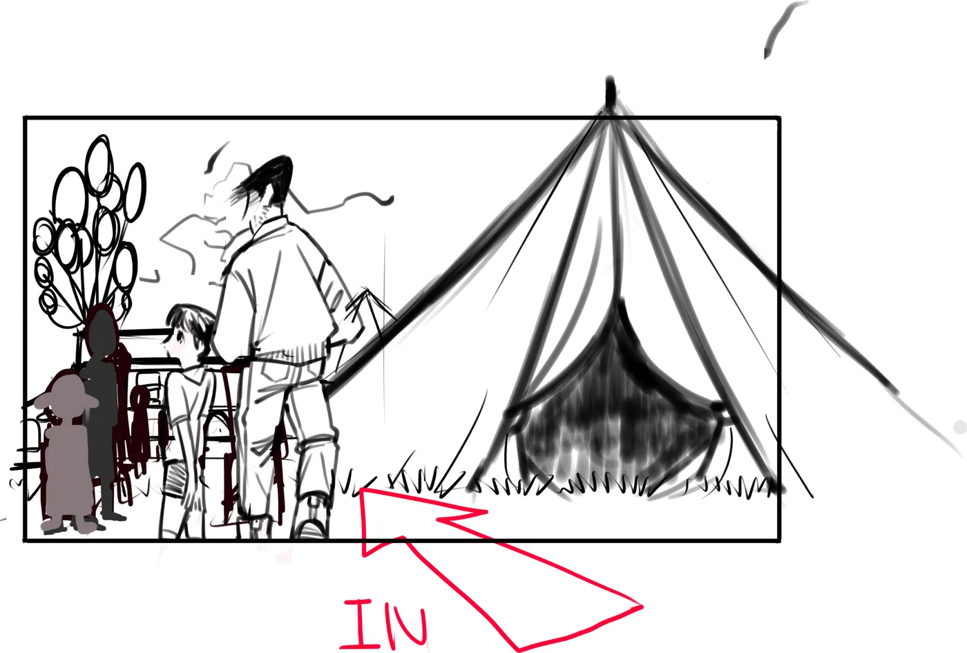 Wide: a man and a boy walk toward a circus tent. A red IN arrow marks a push-in.