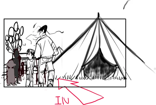 Wide: a man and a boy walk toward a circus tent. A red IN arrow marks a push-in.