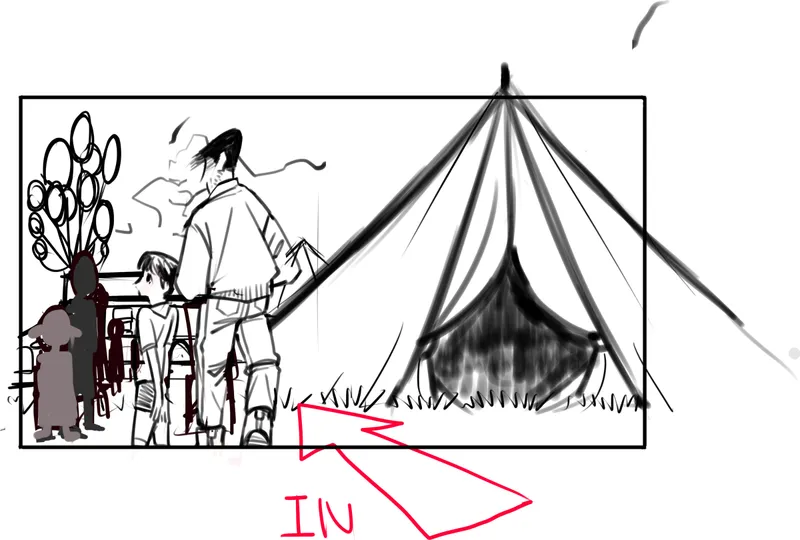 Storyboard panel: a man and a boy walk toward a circus tent in a wide establishing shot, with a red 'IN' camera arrow.
